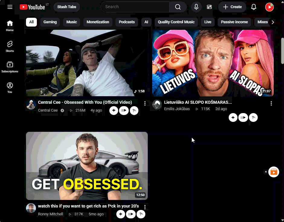 A menu to show or hide each Tube Stash button on YouTube.