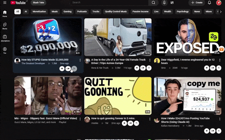 Videos added to a queue, playing on autoplay in the side panel.